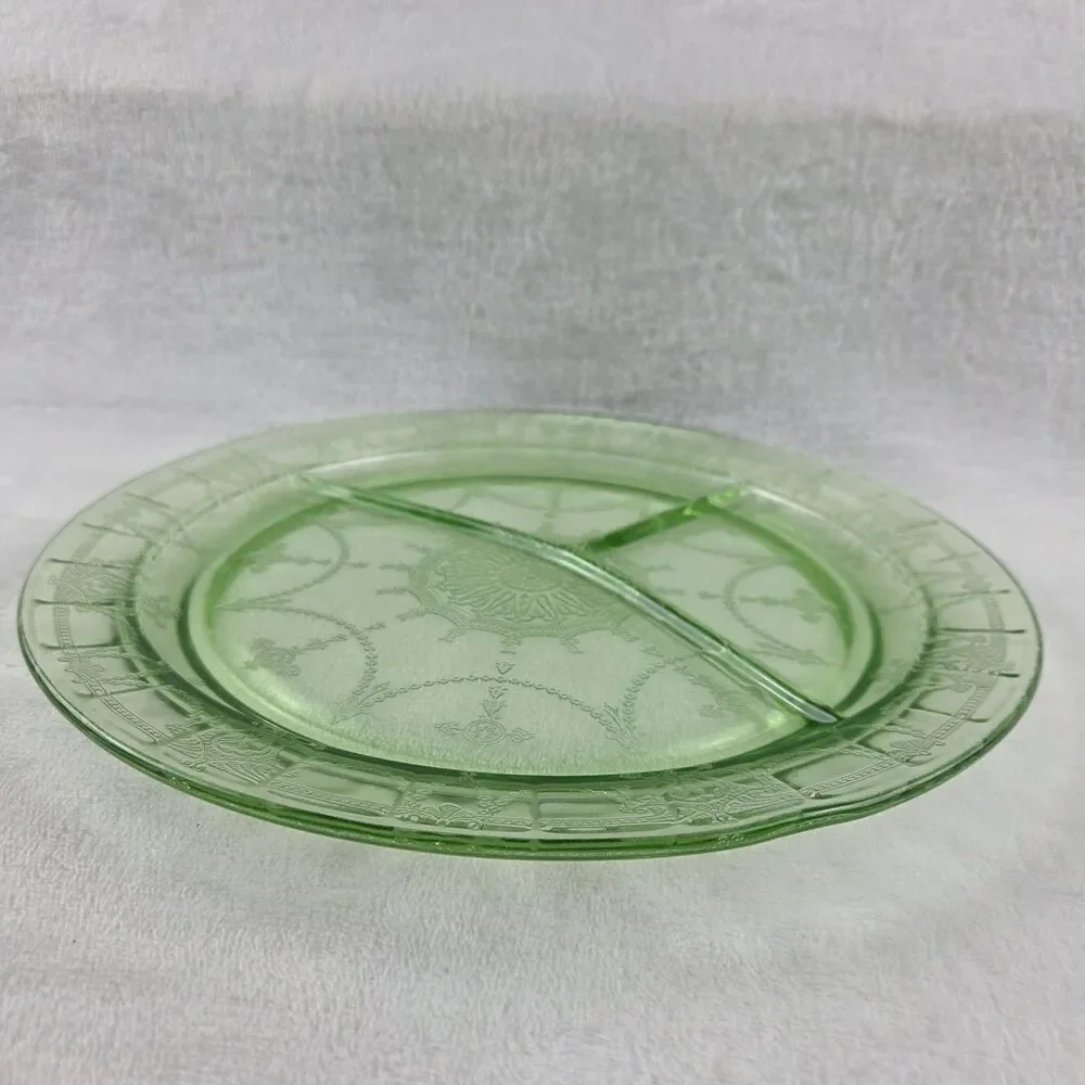 Uranium Glass Divided Plate Ballerina Cameo Dancing Girl Green Platter GLOWS
